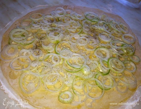 Тесто очень тонко раскатать. Выложить на него нарезанный лук, посолить, поперчить...