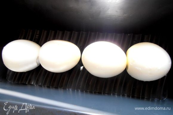 Выкладываем на дно отваренные и остывшие яйца, сколько нужно по длине формы...
