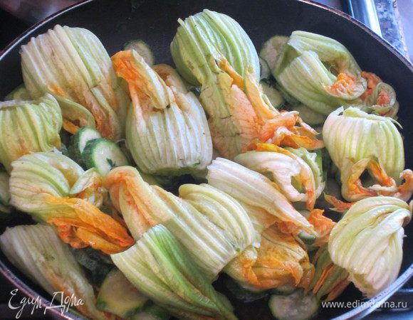 Добавить мелко нарезанную петрушку,посолить,поперчить,хорошо перемешать.Выложить цветки цукини, прогреть несколько минут,снять с огня.