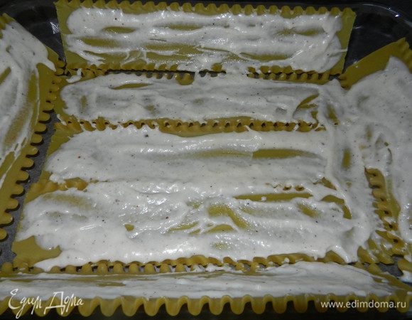 Смазать листы соусом Бешамель.