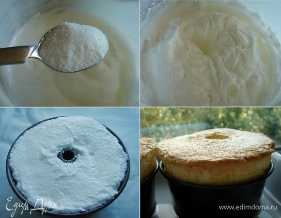 Теперь готовим сам пудинг.
Для этого белки взбить до мягких пиков. Не останавливая миксера добавить по 1 ложке сахар (с ванилином), а затем тонкой струйкой и оставшийся карамельный сироп. Хорошо взбитую белковую массу выложить в форму так, чтобы избежать зазоров. Поставить форму в духовку в горячую водяную баню. Выпекать пудинг около 10-15 минут (десерт должен хорошо подняться и приобрести приятный карамельный цвет). Затем выключить духовку и приоткрыть дверцу. Выдержать десерт ещё 15 минут в духовке.