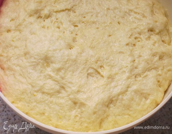 Накрыть пищевой плёнкой и оставить подходить в тёплое место (пока объем не увеличится вдвое).