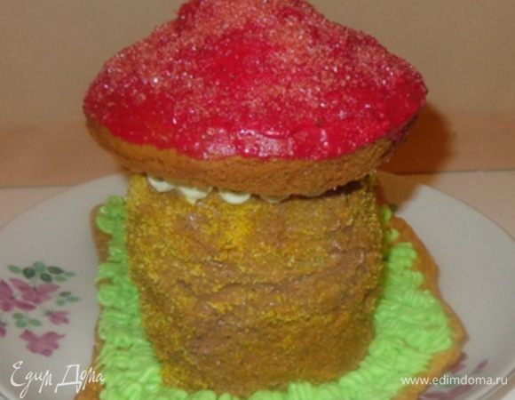 Ну, а теперь самое интересное. Ставим наш домик на основу из слоеного теста, закрепив ее снизу кремом. 