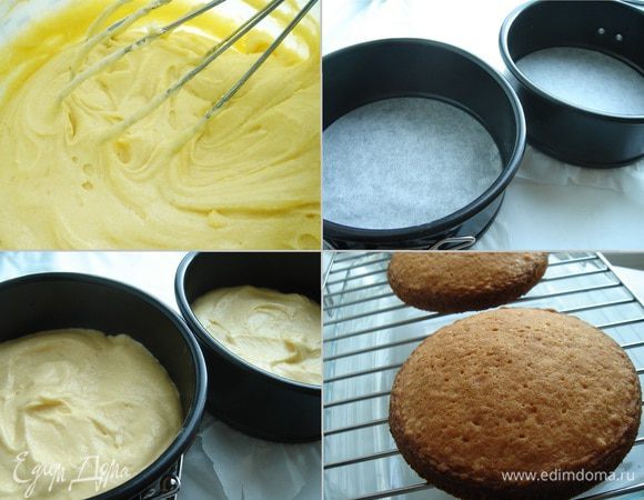 Разогреть духовку до 180*С. Дно двух разъёмных форм (d-20 см) застелить пергаментом. Тесто разделить на две формы, разровнять поверхность шпателем и отправить формы в духовку на 25-30 минут. Готовые коржи переложить на решётку и охладить.