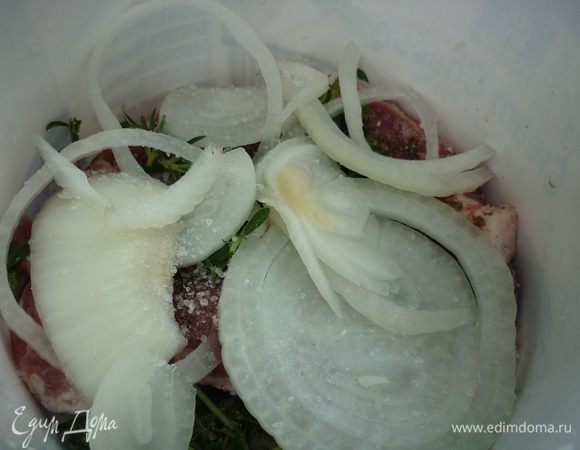 Сверху кладем лук. и так слой за слоем. последним должен быть лук. все слегка примять, накрыть крышкой и отправить в холодное место на пару часов или на ночь. именно луковый сок сделает мясо умопомрачительным. а аромат тимьяна заставит желудок отозваться задолго до готовности шашлыка