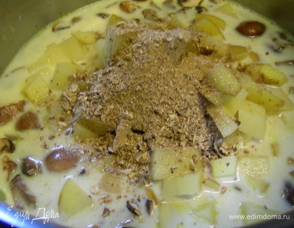 Следом за ним вливаем молоко и приправу к грибным блюдам (или сушеные грибы). Готовим на небольшом огне минут 10.