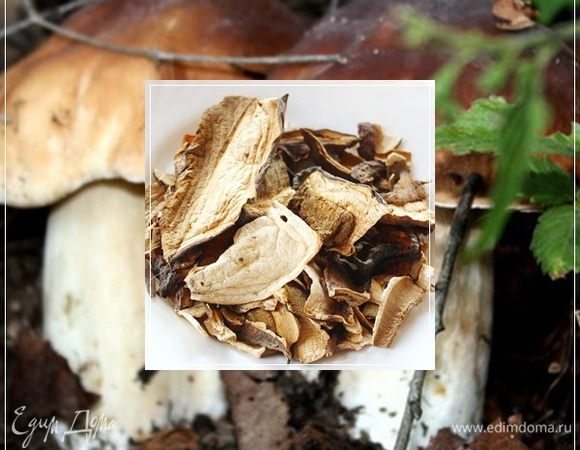 А это грибы. Белые. Из соседнего с деревней леса. Мы сушенные взяли. Те что с прошлого года еще остались.