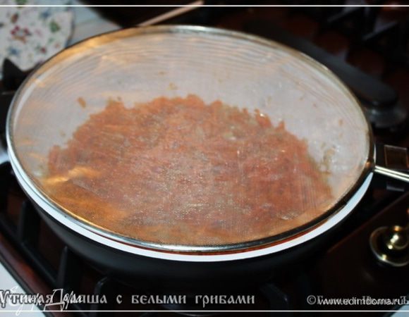 И тогда уже в сковороду отправим морковку. И будем ее, помешивая, тушить. До сладкой мягкости.
Тут я обращу внимание вот на этот девайсик. Сито такое плоское. Жир, он ведь как раскаляться начнет, брызгаться будет. А это неправильно. А накроете сковороду таким ситечком, глядишь и без лишней грязи обойдетесь, и руки от ожогов убережете.
