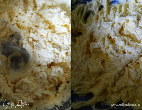 Теплое сливочное масло хорошенько взбить. Постепенно добавить сахар, ванильный сахар. Медленно ввести по одному все яйца, тщательно взбивая миксером. 