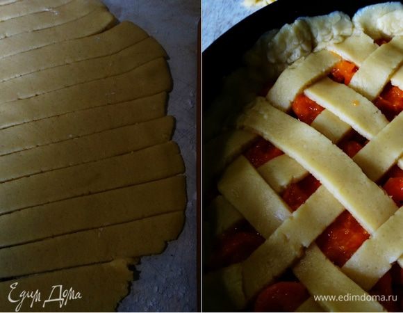 Вторую часть раскатать, разрезать на не очень тонкие (иначе при выпекании порвутся) полосочки, и покрыть абрикосы "решеткой". 