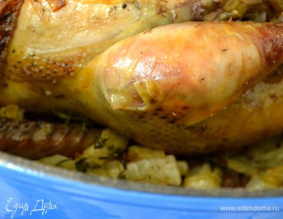 Запекать до готовности, примерно 1 час (все зависит в конечном итоге от размера Вашей курицы-цыпленка). В процессе запекания пару раз полить выделившимся жирком.   