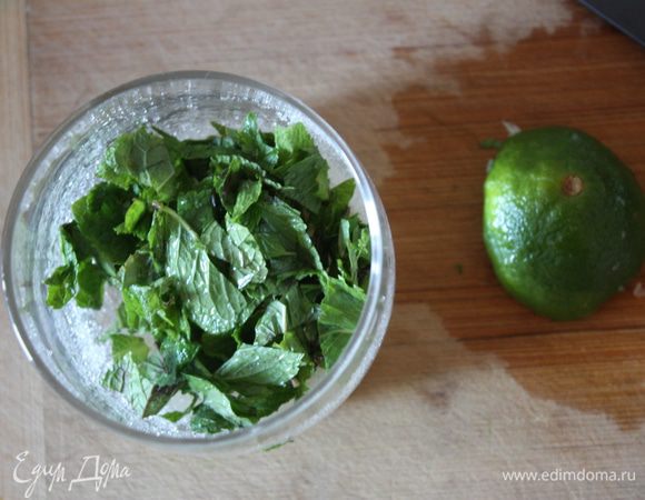    Сначала нужно залить желатин холодной водой, так чтобы он был покрыт водой толщину пальца и размешать. Оставим на 10 минут. Если листовой, то разделяем листочки и 
кладем в холодную воду.
  Молоко доводим до кипения. Пока закипает молоко, нарежем мяту мелко,смешаем с сахаром и соком лайма и подавим немного, чтобы мята дала сок.