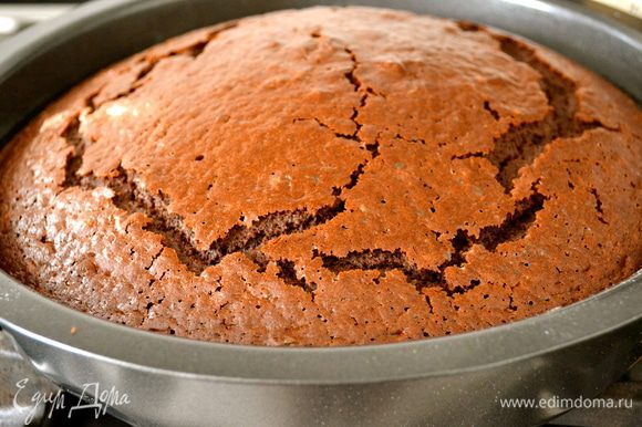 Готовность торта проверить деревянной шпажкой. Она должна выходить сухой. Готовый торт бисквит достать из духовки и дать постоять в форме около 15 минут.