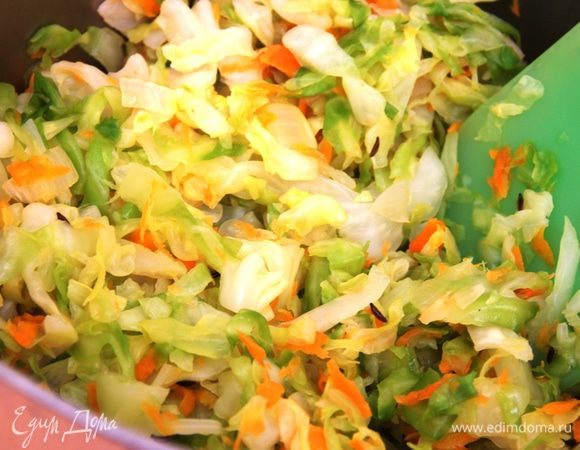 Лук мелко нарезать. Морковь натереть на средней терке. Потушить 5 минут. Капусту нашинковать, потушить еще минут 10 до полуготовности. Добавить соль, перец, сахар, тмин.