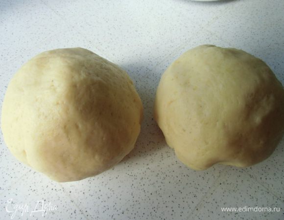 Разделитьтесто на два колобка, завернуть в пленку и положить на 1 час в холодильник.