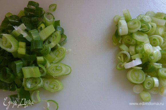Зеленый лук, белую и зеленую части условно разделить , и тонко нарезать