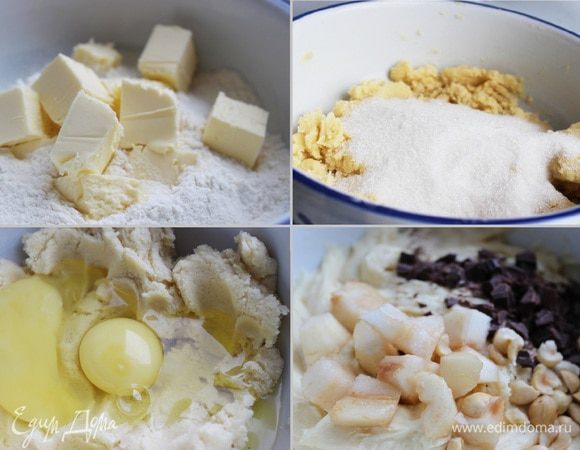 50 г подсушенного фундука измельчить в блендере до состояния муки. Оставшиеся орехи крупно порубить. Просеять в миску муку с солью, разрыхлителем и мукой из фундука. Кусочки масла добавить к муке и растереть вилкой. Добавить сахар и ванильный сахар, а затем яйца. Хорошо перемешать. Добавить кусочки груши, шоколада и орехов.