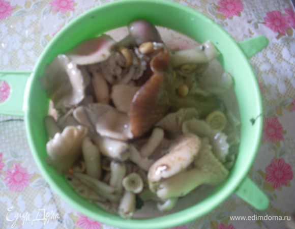 Отварить 15-120 минут грузди и сыроежки. Выбрать веточки и листочки, которые пристают к шляпкам.