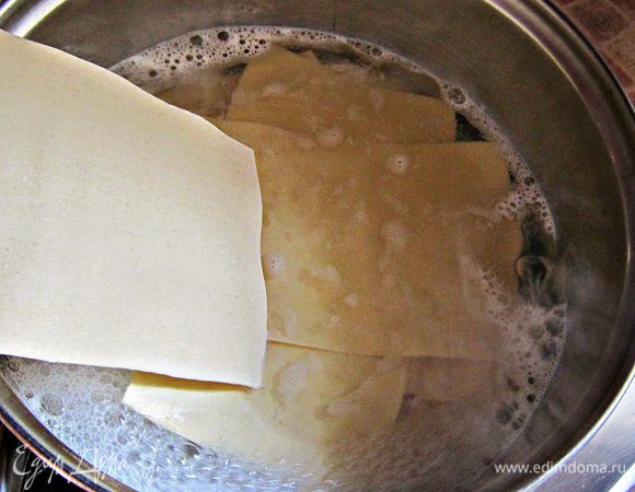 Листы для лазаньи отварить в подготовленном рыбном бульоне или в обычной подсоленной кипящей воде. Разложить готовые листы лазаньи на столе до остывания. 
