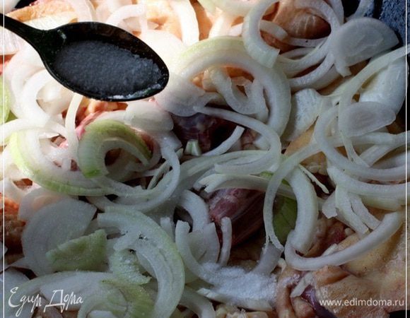 Потом слой лука. Я порезал «на круг» две довольно крупные луковицы обычные и одну красную. Так вот - первым слоем пошла луковица полностью. А потом слегка присолил. Ложки полторы чайные. Больше не надо. Потом соль еще будем добавлять.