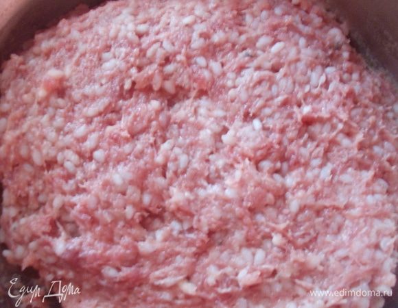 В измельченное мясо добавьте остывший рис, посолите и поперчите.