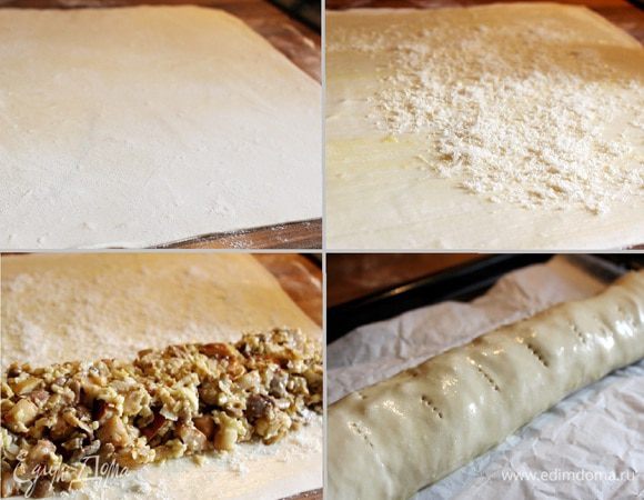 Тесто очень тонко раскатать в прямоугольник на присыпанной мукой поверхности. Оставшееся сливочное масло кистью нанести на тесто, затем тесто присыпать тёртым Пармезаном. На одну сторону прямоугольника равномерно выложить начинку, завернуть концы и скрутить рулет. Переложить рулет на противень, застеленный пергаментом, смазать смесью желтка и молока. Проколоть рулет вилкой в нескольких местах.