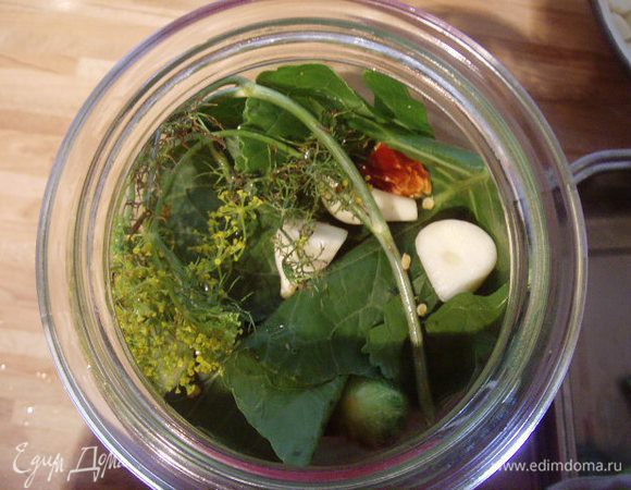 Завершить банку зеленью, чесноком и чили.