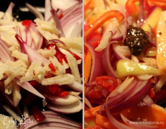 В сковороде прогреть растительное масло и обжарить сначала лук, чеснок и острый перец. Затем добавить сладкий перец, аджику и полстакана воды. Посолить.