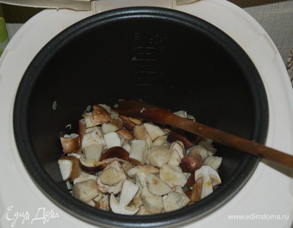 Включаем режим "быстрый":
поджариваем лук с морковкой в течении 5 мин,
потом добавляем крупно порезанные грибы,
томим все это еще пару минут,
отключаем режим "быстрый"