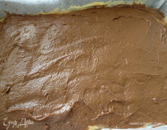 Ко второй половине теста добавить приготовленную смесь какао с молоком, хорошо перемешать. Распределить темное тесто равномерным слоем поверх светлого. 
