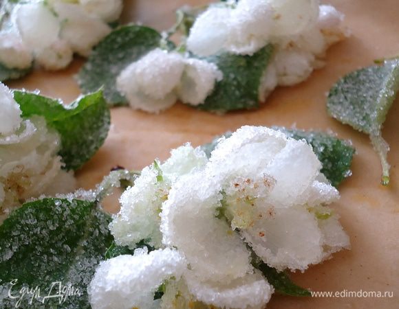 Для приготовления засахаренных соцветий яблони надо: 
В чашу насыпать мелкий сахарный песок. В другой емкости яичный белок  разбить вилкой до появления маленьких пузырьков. Мягкой кистью нанести белок на листья, стебли и лепестки цветов. И тут же обсыпать их сахаром. Положить на ровную сухую поверхность, дать подсохнуть. Цветы готовы, когда корочка станет жесткой. Украсить поверхность рулета сахарными цветами.
