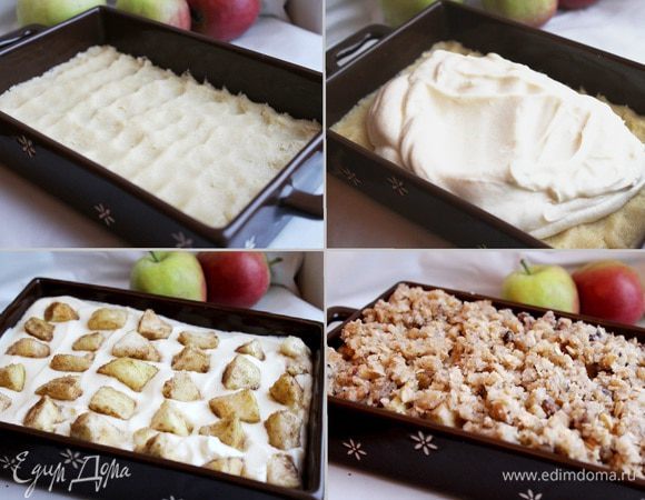 В форму (у меня  прямоугольная 26х20 см) выложить тесто и равномерно распределить его по дну формы. На тесто выложить творожную начинку. На неё-яблоки. Присыпать пирог хрустящим штрейзелем. Выпекать при 180*С около 40-45 минут.