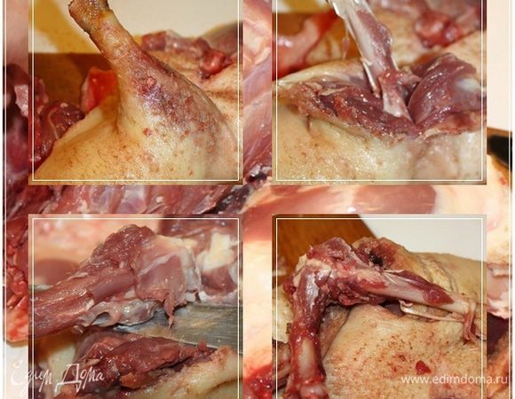 А потом вырезаем из тушки … именно «Вырезаем из», а не «Отрезаем от» … косточки крылышек и ножек. 
С ножек я мясо срезал и постарался его оставить при тушке.
