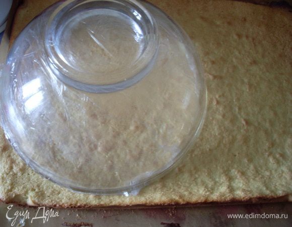 Выпечь пласт бисквитного теста:
Масло растопить в микроволновке.
Отделить желтки от белков, взбить желтки с сахаром, добавив к ним растопленное масло. Взбить в крепкую пену белки (по желанию добавить щепотку соли).
Добавить 1/3 белков в желтково-масляную смесь. Просеять туда же 2 вида муки и разрыхлитель. Осторожно перемешать, добавить оставшиеся белки.
Размазать бисквитное тесто на пергаментной бумаге (или тефлоновом листе), слоем около 1 см, выпекать в разогретой до 180 градусов духовке 10-15 минут, пока не пропечется. Приложить салатник, в котором будет формироваться торт и вырезать донышко для торта. Остальное тесто порезать треугольниками или в произвольном порядке.