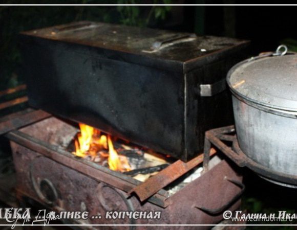 И включаем под коптильней огонь. Или разводим? В общем, начинаем процесс копчения.
