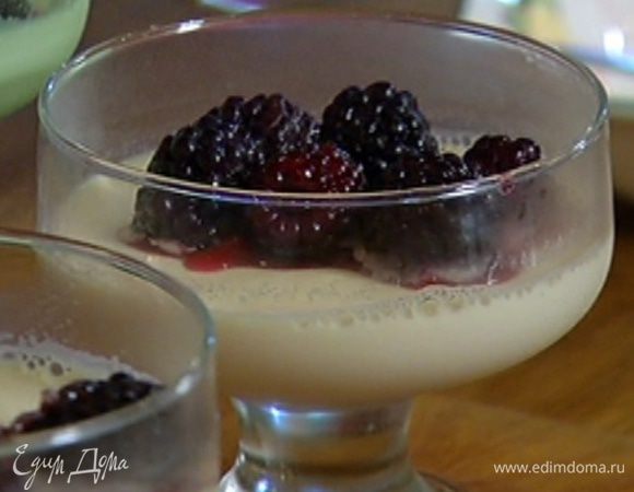 Теплый ягодный соус разложить сверху на десерт.