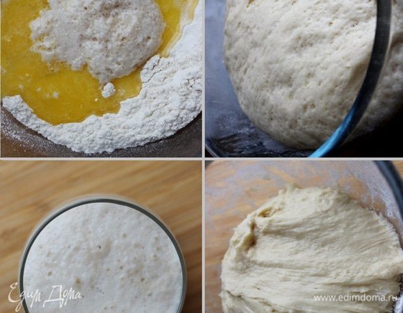 При помощи миксера взбить сливочное масло с сахаром добела. Не прекращая взбивания влить в масло кипяток, кокосовое молоко и желток. В отдельной миске смешать муку с солью и дрожжами. Соединить обе смеси и замесить мягкое, липкое тесто. Уложить тесто в миску, накрыть миску полотенцем или затянуть пищевой плёнкой и убрать в тёплое место на 45-60 минут.
