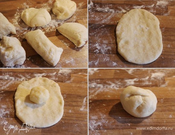 Тесто и начинку разделить на 6 частей, начинку удобней скатать в шарики. Каждый кусочек теста раскатать в лепёшку. На середину лепёшки выложить начинку, собрать края теста над начинкой и хорошо их слепить. Перевернуть колобок швом вниз и отложить  на 5-7 минут и тем временем начинить остальные булочки.