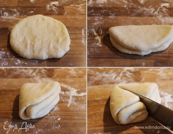 Каждый колобок опять раскатать в лепёшку. Сложить лепёшку пополам, а затем вчетверо. Разрезать острым ножом треугольник пополам (биссектриса из прямого угла). 