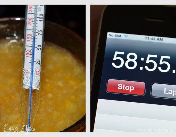 Теперь с высокого и среднего огня переводим в положение медленного. По рецепту написано это займет 10-15 мин., но с учетом уваривания, если нет правильной консистенции.  Я делала ровно час. Помешивать обязательно. Жидкость должна уварится намного и лимон стать как бы засахаренным, но не цукатом. Проверяйте ложкой, если стекает как вода без тяжести, варим дальше.
Для тех, кто имеет градусник для конфет домашних, проверяем тем-ру, должна быть примерно 220 гр.