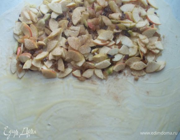 На одну половину теста выложить начинку, а вторую половину смазать оставшимся, предварительно растопленным маслом. Оставить одну ложку для смазывания штруделя сверху.