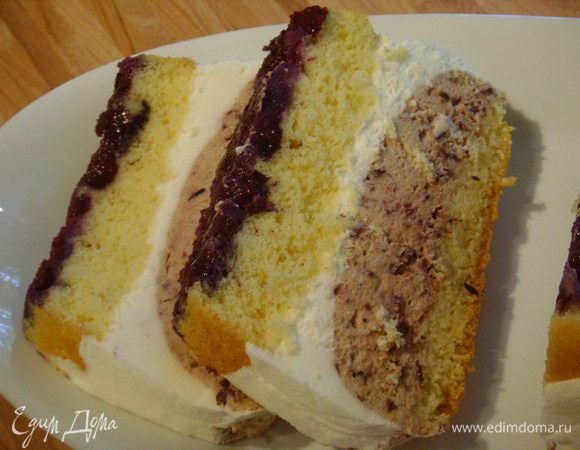 Приятного аппетита !!!
P. S. сейчас в холодильнике лежит красная смородина ( опять не повезло купить чёрную))) и ждёт своего часа. Захотелось повторить торт со смородиной: краски ярче и вкус несомненно другой. А ещё представляю себе шоколадный бисквит с кофейным кремом ....