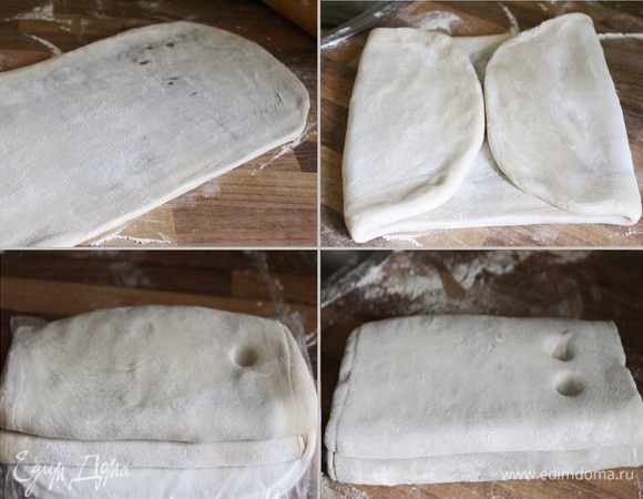 На следующий день раскатать тесто с прямоугольник, в 2,5 раза больший, чем шоколадное масло. На один край теста выложить масло, накрыть другим краем теста, стараясь выгнать воздух. Хорошо завернуть-защипнуть тесто, упаковать в пищевую плёнку и убрать в холодильник на 2 часа. По истечении этого времени аккуратно раскатать тесто в прямоугольник 50Х20 см. Стряхнуть лишнюю муку и сложить короткие края теста к центру, а затем ещё вдвое. Завернуть тесто в плёнку и убрать в холодильник на 2 часа. Через 2 часа охлаждённое тесто уложить на присыпанную мукой поверхность швом к себе. Раскатать тесто в стороны от себя в прямоугольник 50Х20 см, повторить операцию со стряхиванием-складыванием. Таким образом тесто раскатывается всего 6 раз.