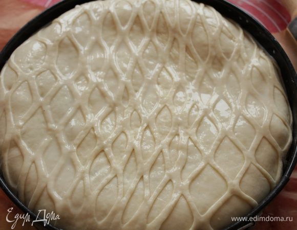 Для украшения я вырезала решетку. Оставляем на 15 минут и смазываем яйцом. 