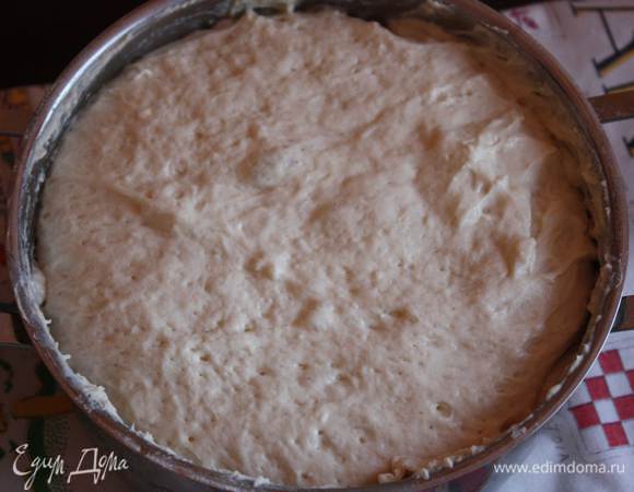 Накройте тесто крышкой или полотенцем, поставьте в теплое место. Через 40 минут оно поднимется.