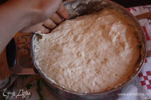 Теперь нужно обмять тесто. Тем самым мы насыщаем тесто воздухом. Для этого мокрой рукой отодвиньте тесто от стенок. Оставьте его еще на полчаса в теплом месте. Повторите процесс еще 2 раза.