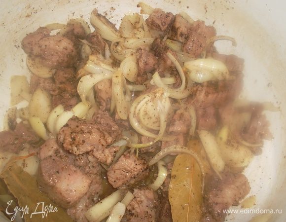 В кастрюлю влейте немного оливкового масла. Мясо нарежьте небольшими кусочками. Лук — полукольцами. Обжарьте мясо с луком и специями в кастрюле на среднем огне.