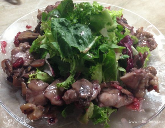 Вокруг выложить обжаренную смесь, полить образовавшимся соусом, листья салата полить ягодным соусом.