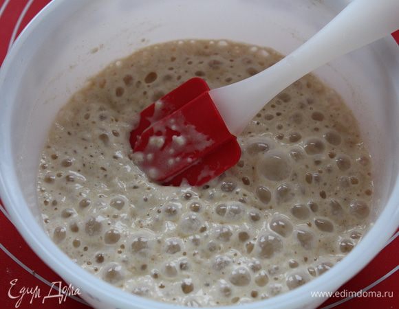 Для опары смешать дрожжи с сахаром и мукой и развести небольшим количеством сыворотки (где-то 100 мл). Накрыть и оставить на 40-60 минут.