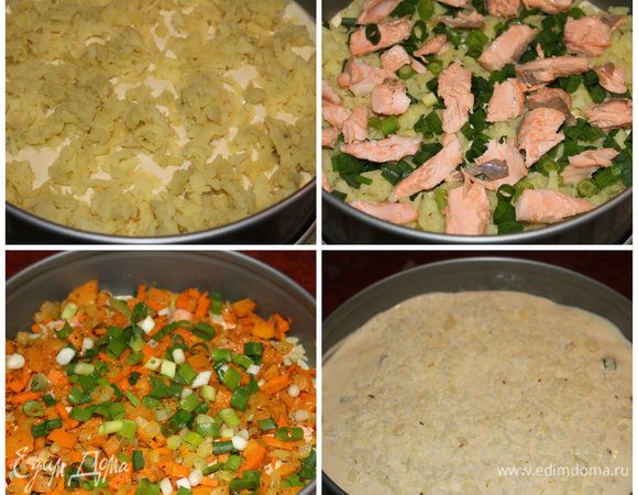 Разъёмную форму застелить пергаментом и вылить половину теста-картофель-лосось-зелёный лук-обжарку-зелёный лук-вторая половина теста-сыр. Поставить в разогретую духовку на 180 градусов на 35-40 минут. 